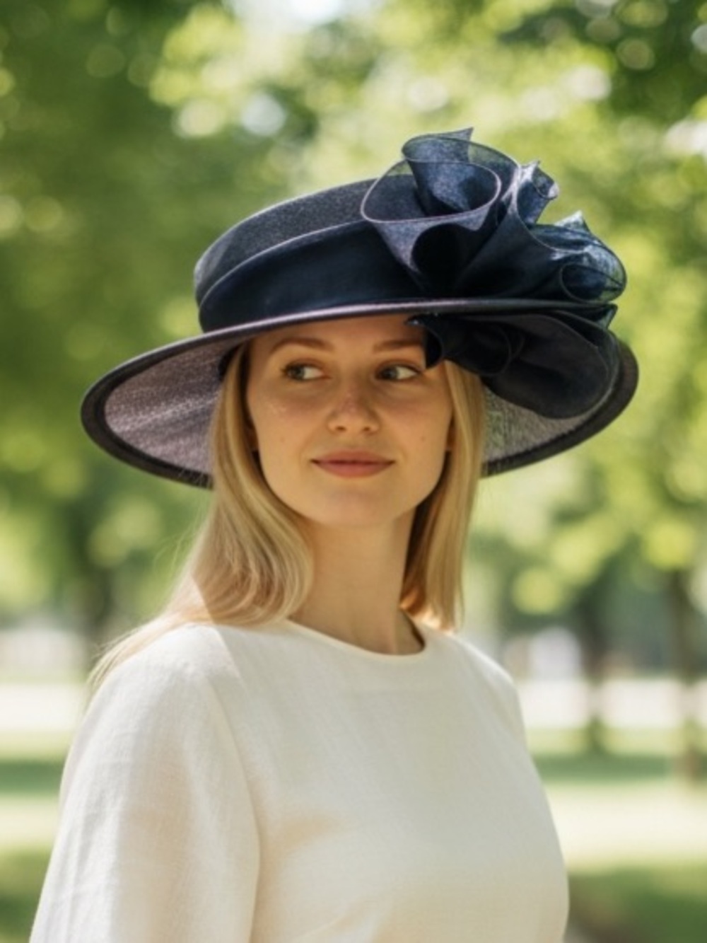 Kentucky Derby Hat - Elegant Navy Wide-Brim Women's Hat with Decorative Bow